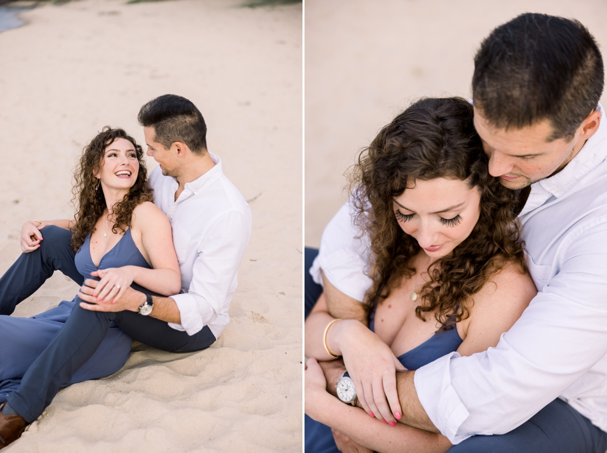 Collage of Marissa and Alex snuggling in the sand and laughing at each other during their beach engagement session with Mandie Forbes Photography