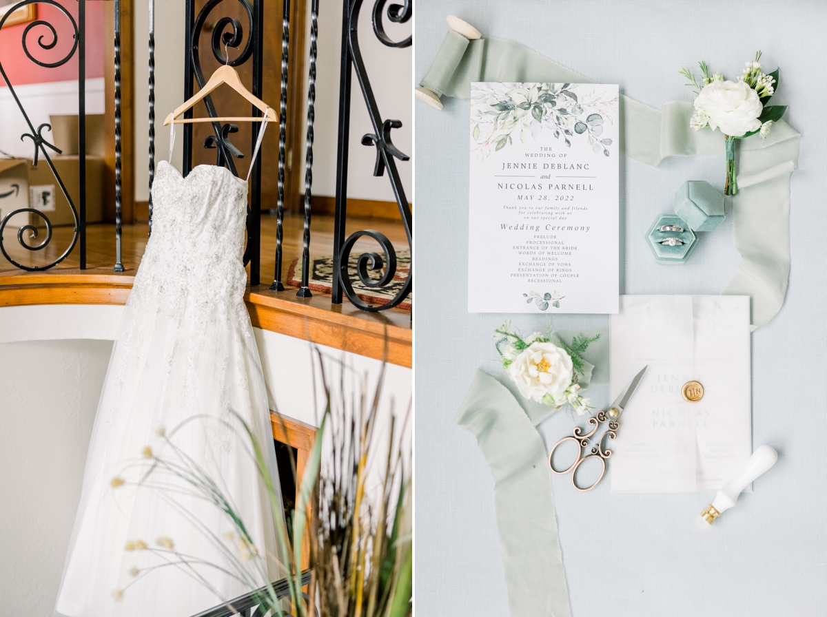 Collage of the bride's dress hanging on the rail at the Perry Hotel and flat lay of the wedding invitation.