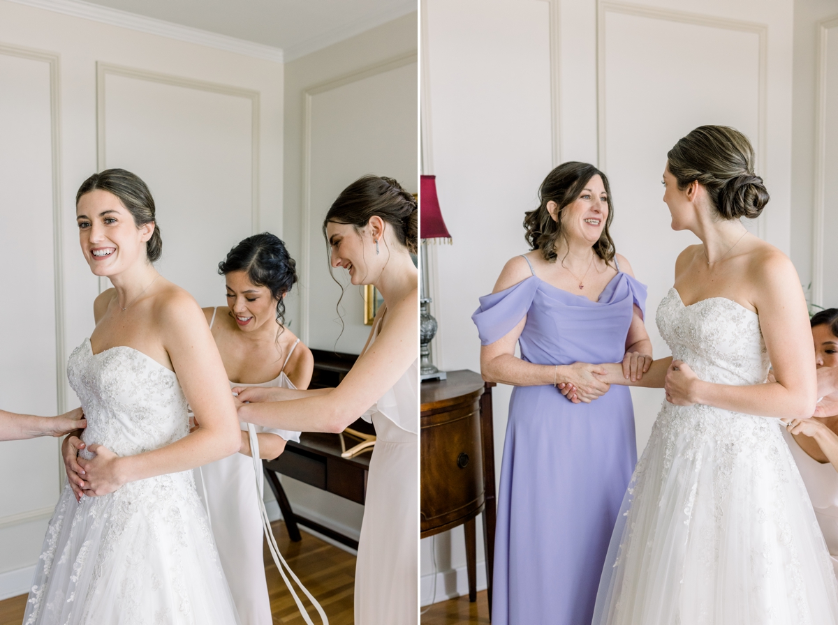 Collage of the bride's sisters and mom helping her in to her wedding dress at the Perry Hotel.