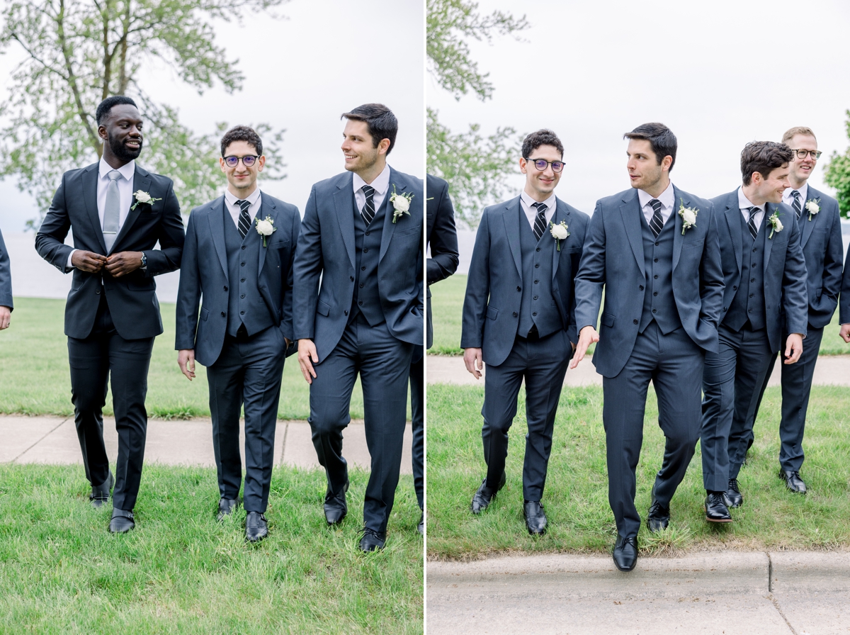 Collage of Nic walking and talking with his groomsmen on his wedding day.