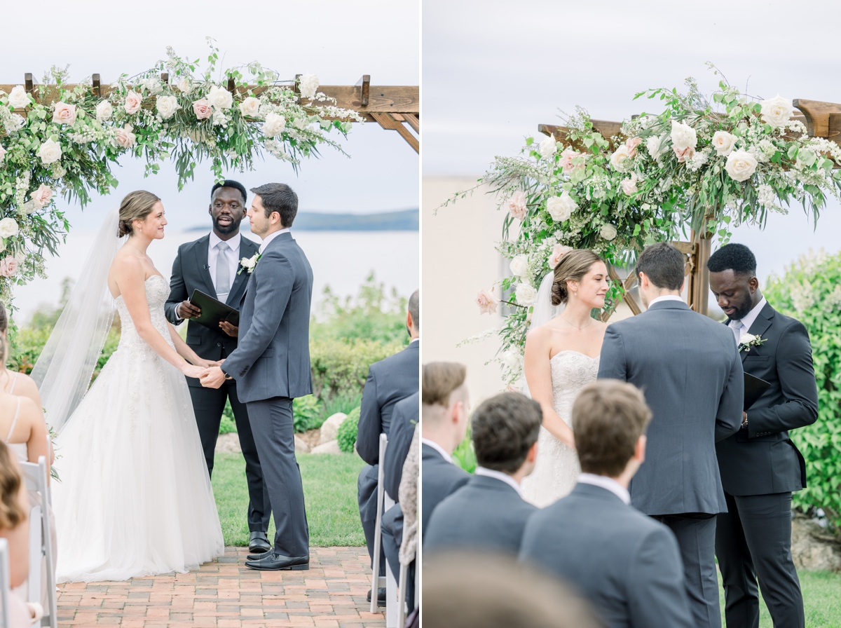 Collage of Jennie and Nic smiling at each other at the altar on their wedding day.