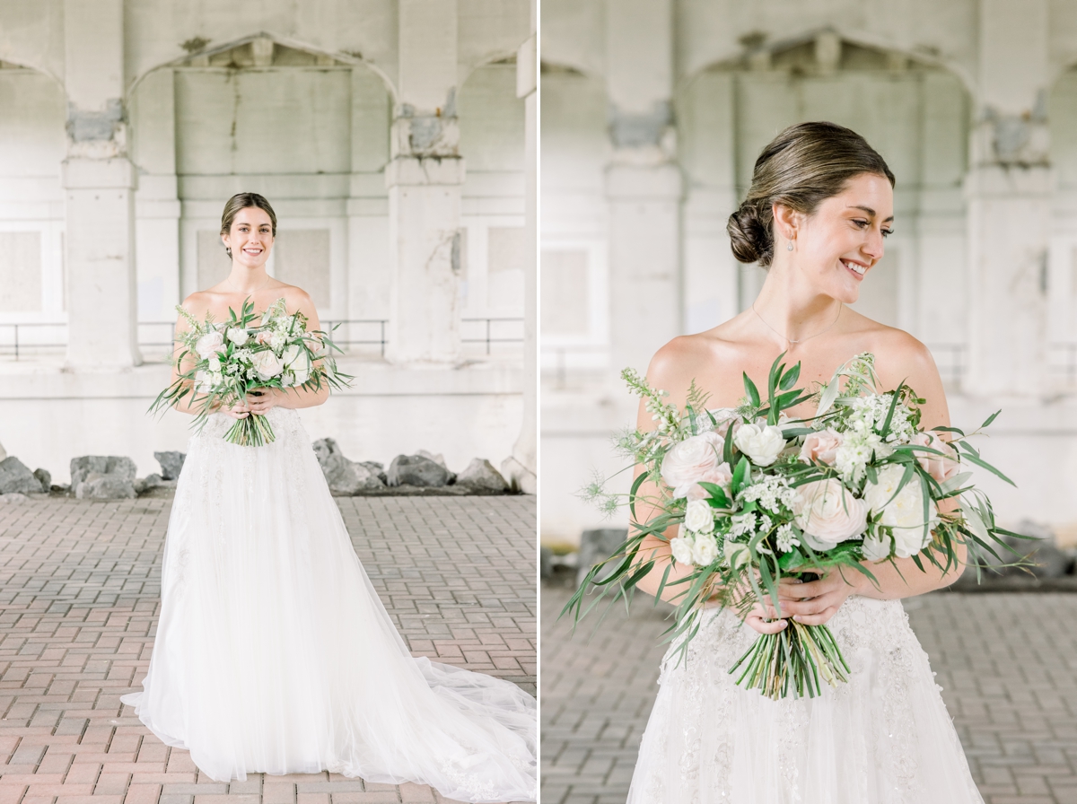 Collage of Jennie smiling with her bouquet while she smiles and looks off in the distance.