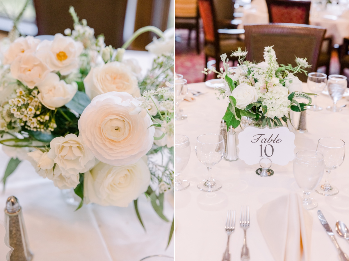 Collage of soft white floral centerpieces.