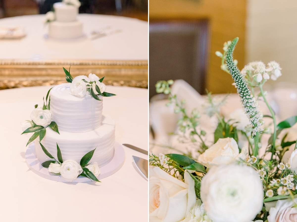 Collage of a floral centerpiece and a simple white wedding cake.
