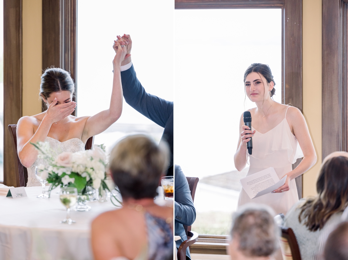 Collage of the bride crying during her maid of honor's speech.