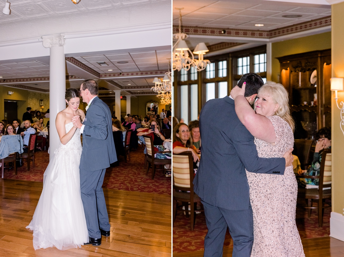 Jennie dancing with her dad and Nic dancing with his mom during their wedding day.