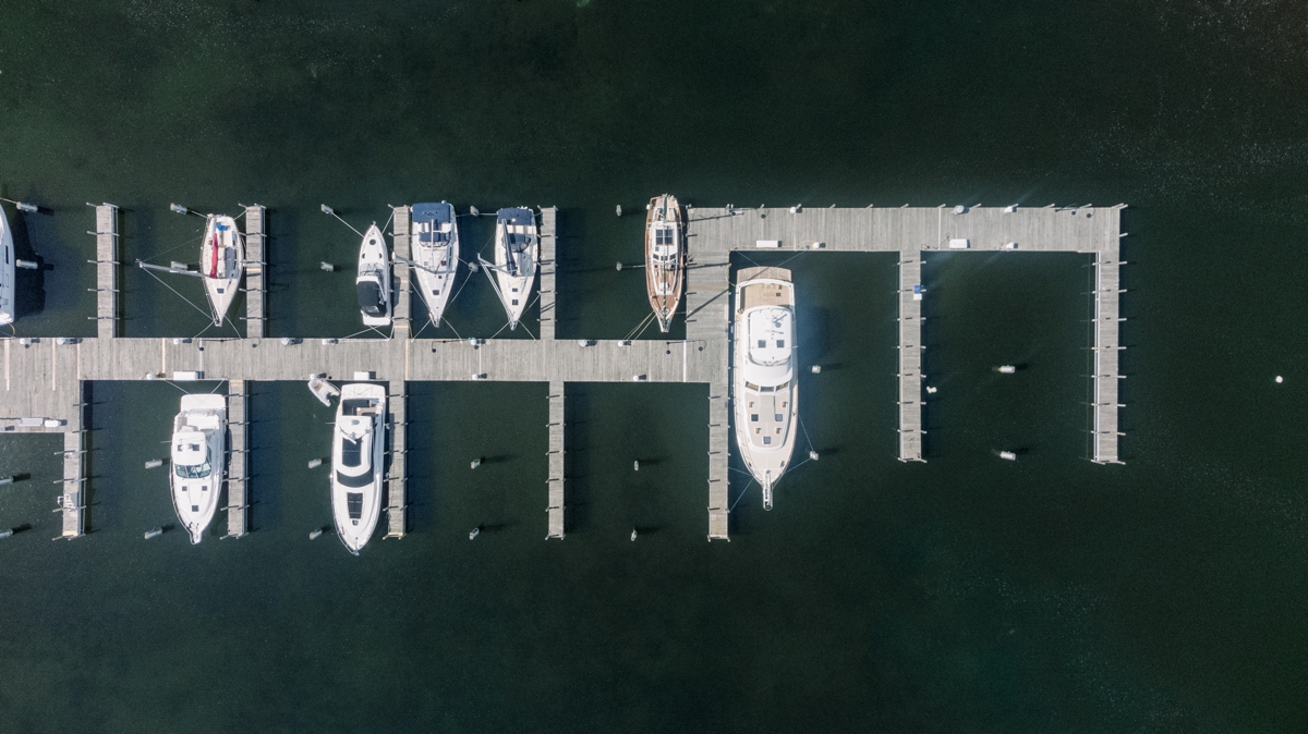 Aerial view of the boat dock at Perry Hotel.