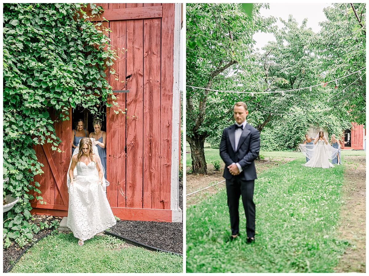 Bride leaving the barn to walk to her first look in a cherry orchard with her groom during their emotional Bay View wedding.