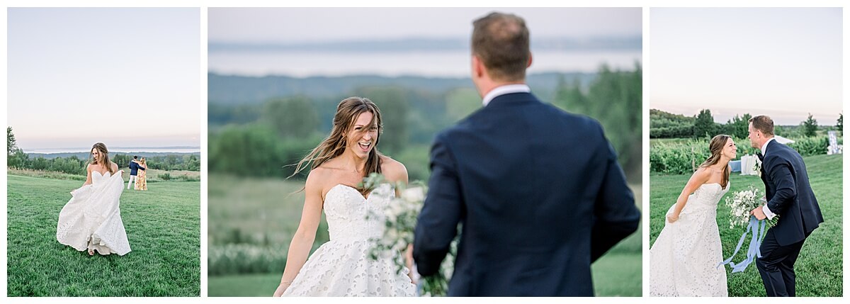 Bride and groom dance through the vineyards at Bay View Weddings at Gallagher Farms during sunset portraits at the end of their emotional wedding day.