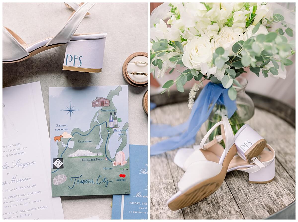 Custom bridal shoes with later father of the bride's initials printed on the heel for emotional Bay View wedding day.