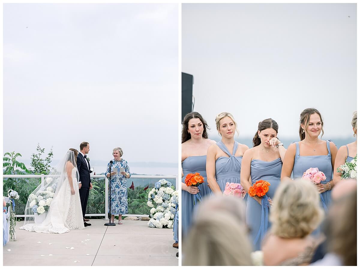 Bridesmaid cries during emotional Bay View wedding ceremony.