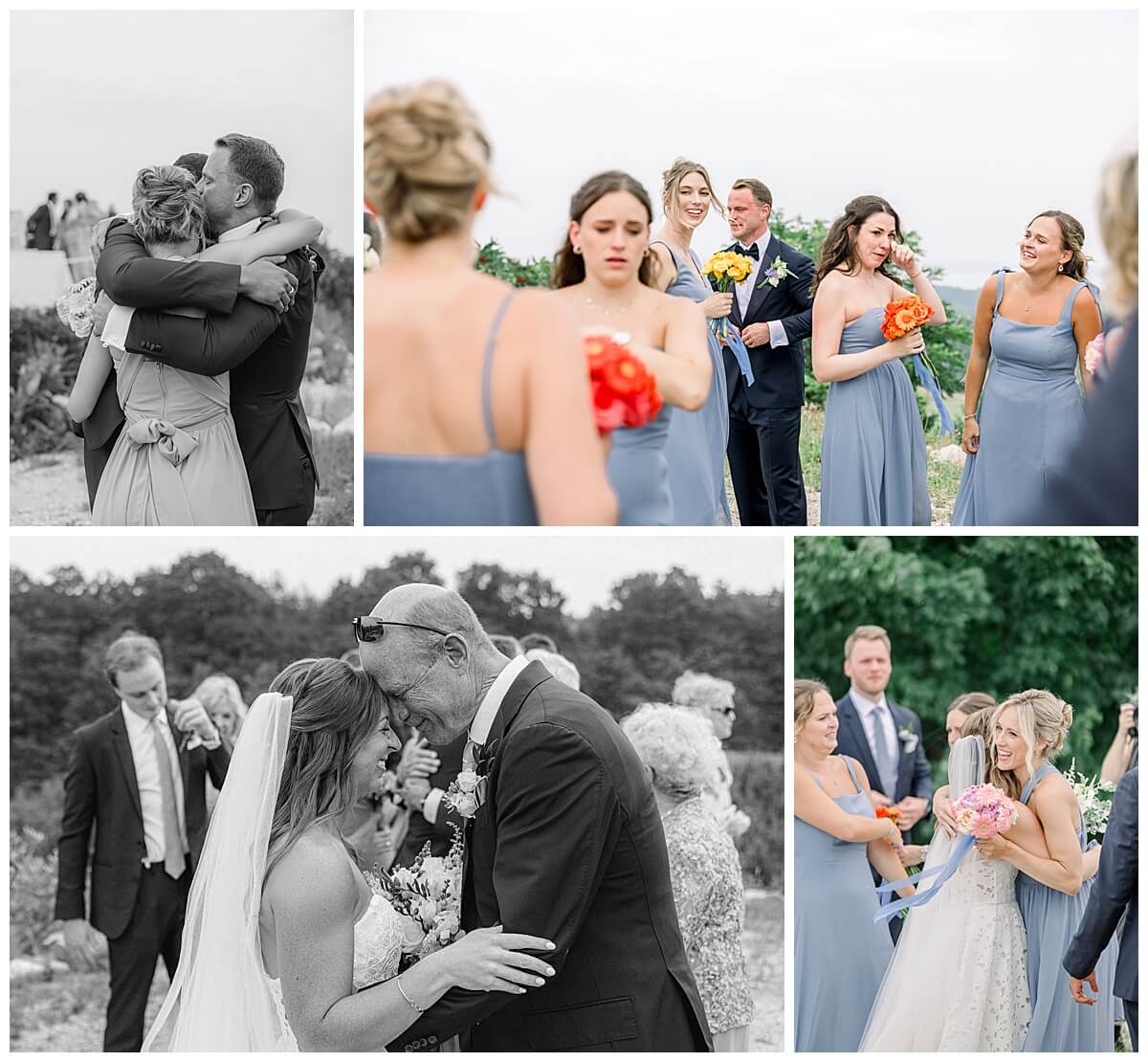 A bride shares a sweet moment with her new father in law immediately following her wedding ceremony at Bay View Weddings at Gallagher Farms in Traverse City, MI.