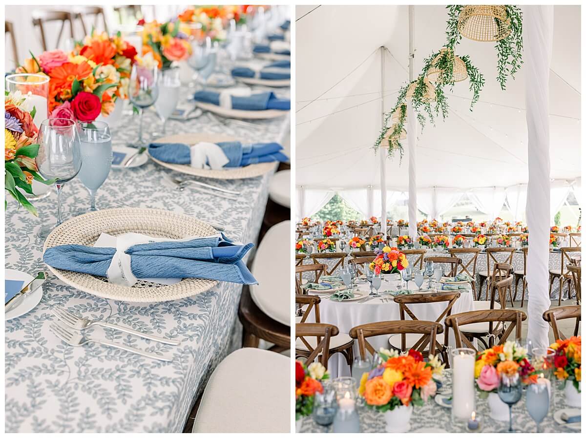 Northern Michigan sunset inspired florals decorate a luxury wedding tent at Bay View Weddings by Gallagher Farms.