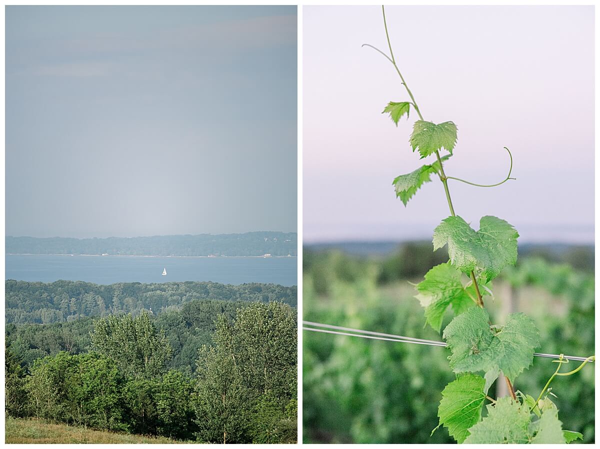 A sailboat moves in the distant bay surrounded by rolling vineyards in a scenic photograph showing the view at Bay View Weddings by Gallagher Farms in Northern Michigan. 