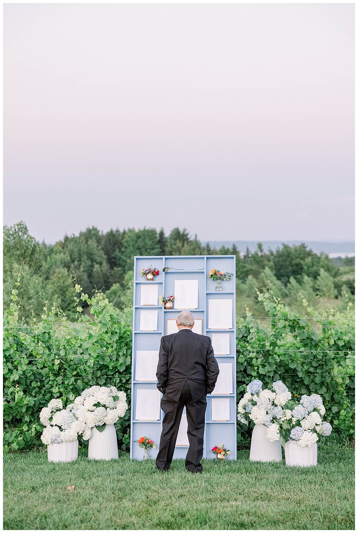Grandfather of the bride looks at dusty blue seating chart located among rows a vineyard overlooking the Bay in Traverse City Michigan.