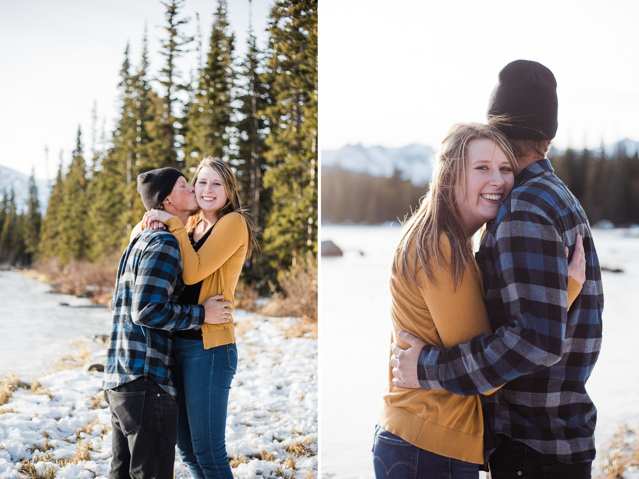 Couple embrace during Colorado engagement session.