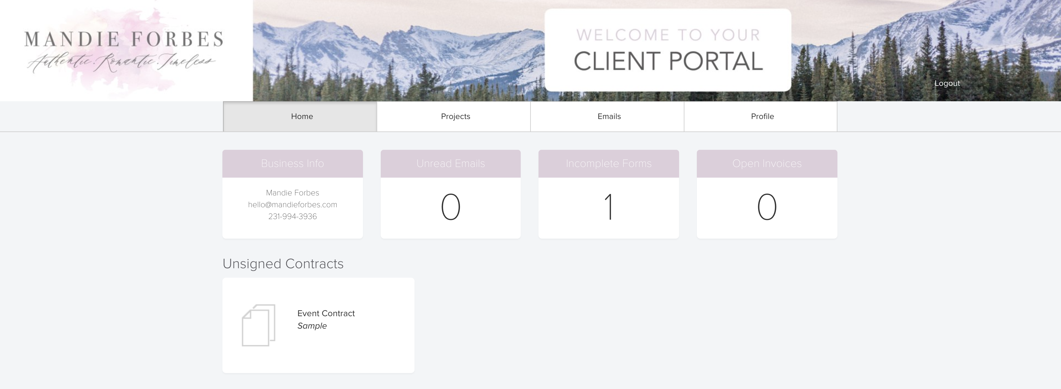 A screenshot of Mandie Forbes Client Portal inside of Dubsado Client Management System