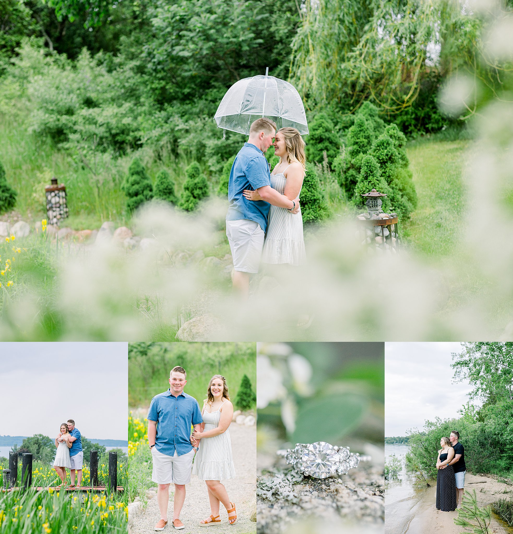 Collage of Grand Traverse Bay engagement session photos.