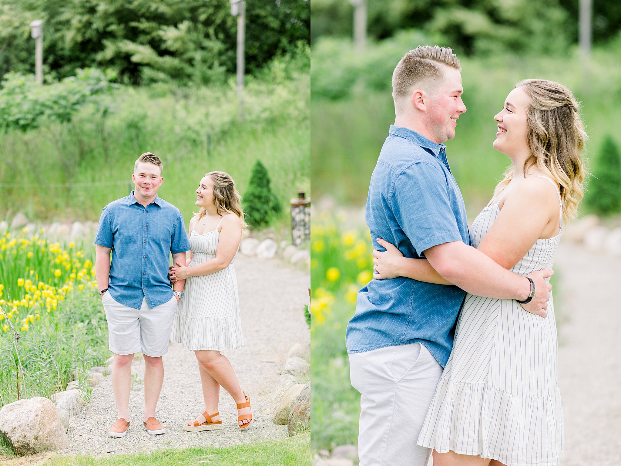 Couple hugs during Grand Traverse Bay engagement session photos.