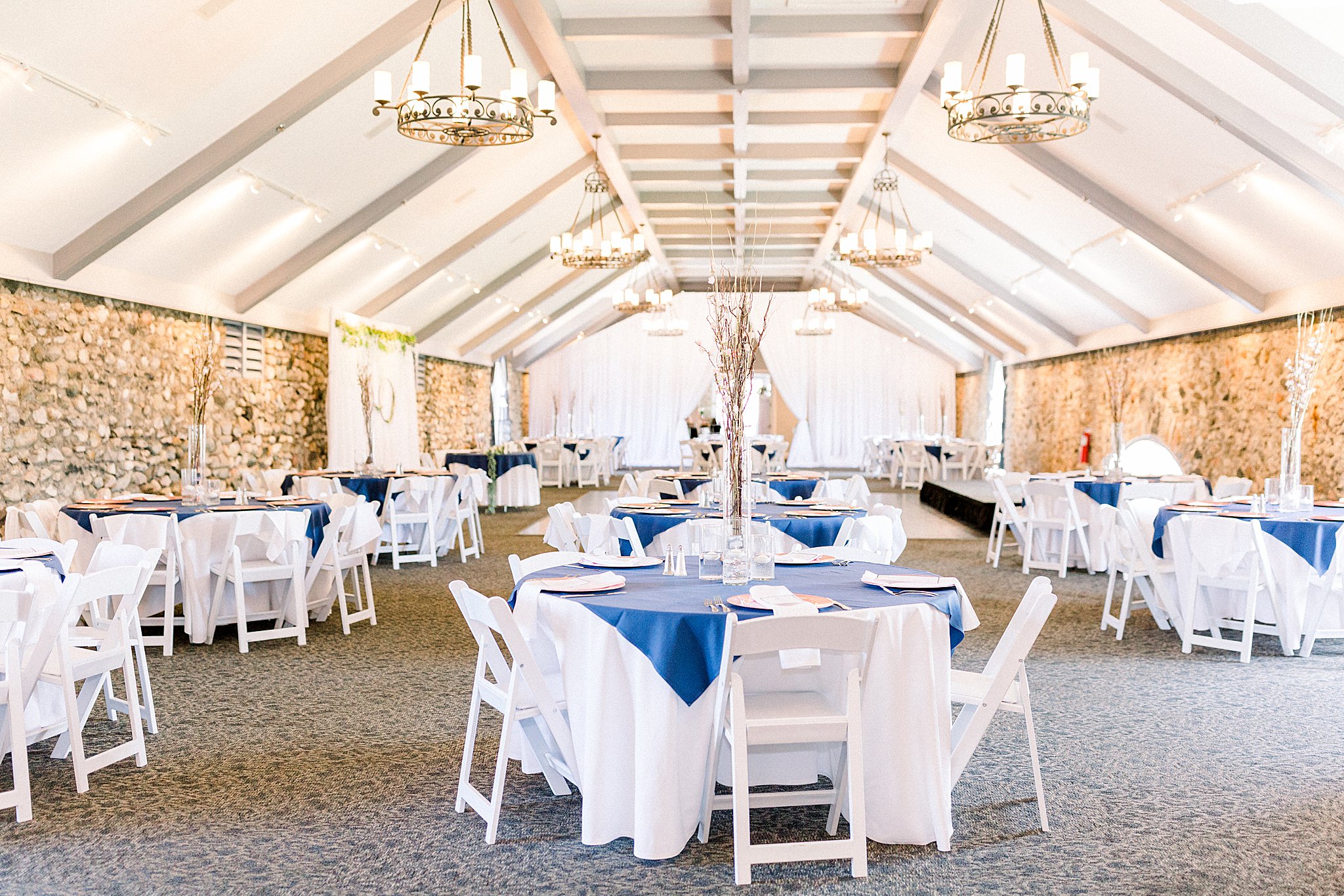 Wide shot of reception hall at Spring Castle Farms wedding.