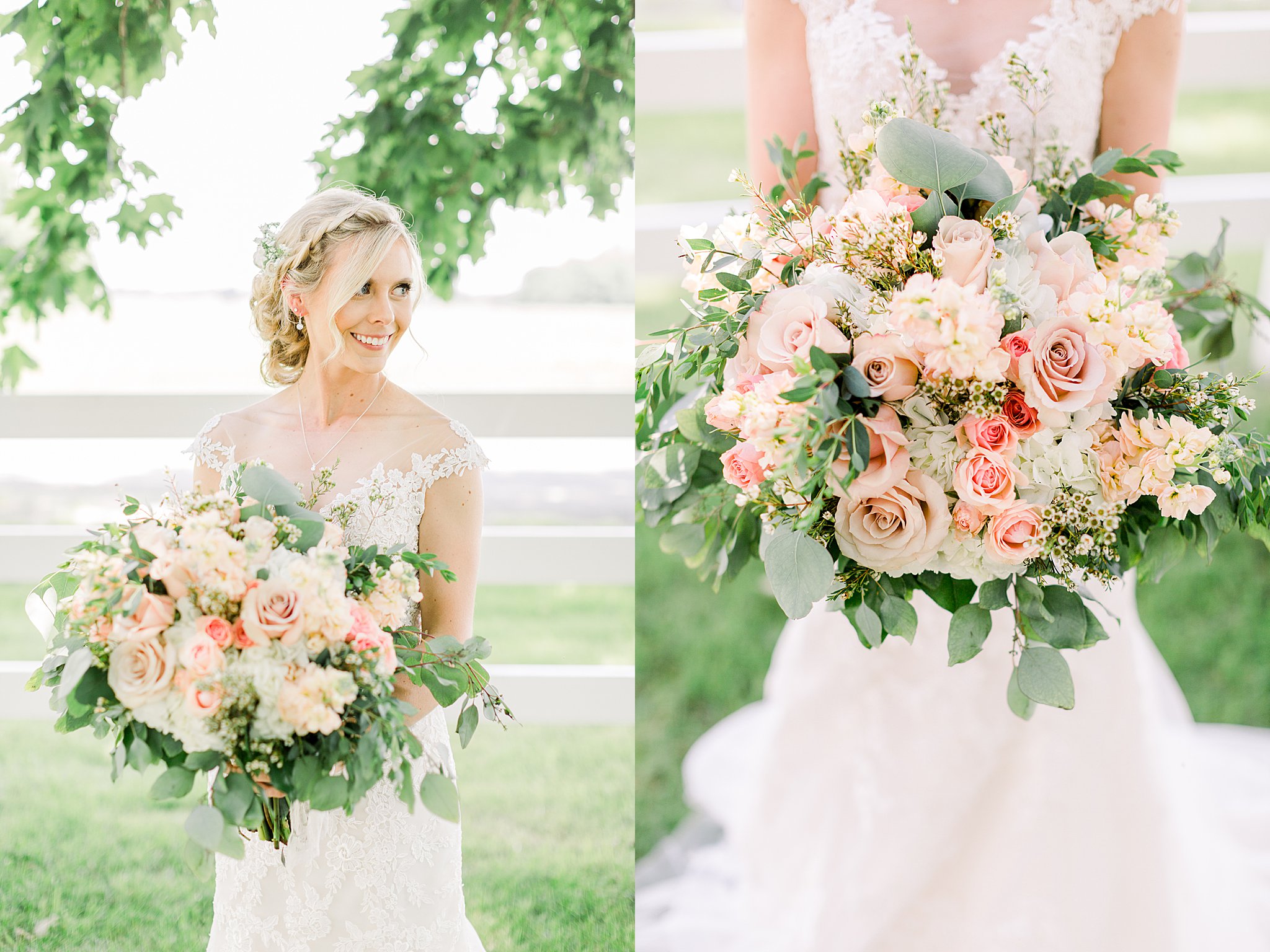 Bride holding blush and pick rose bouquet at Hidden Vineyard Wedding Barn Summer Wedding.