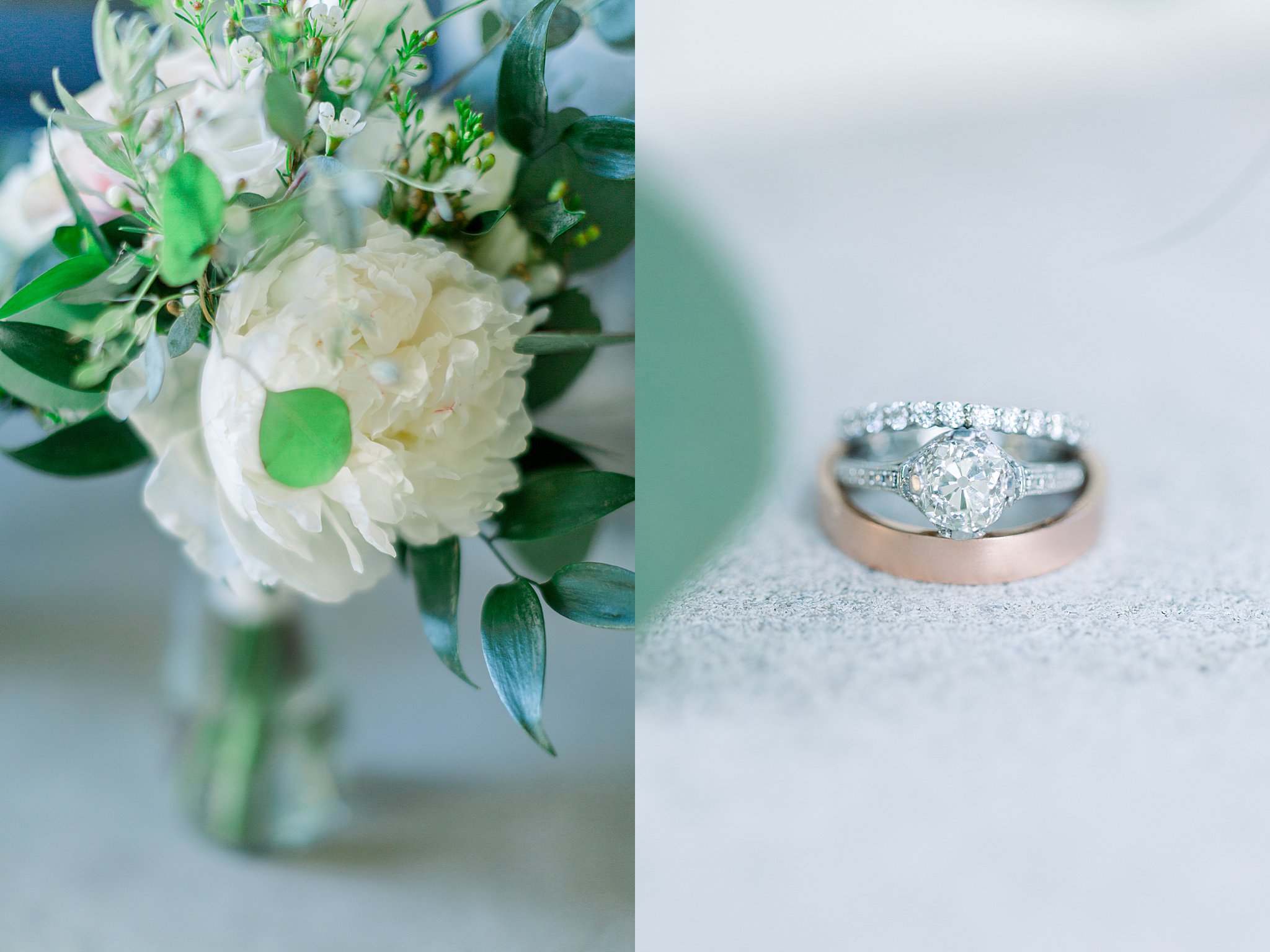 Shot of wedding rings with flowers at intimate Lake Michigan wedding.