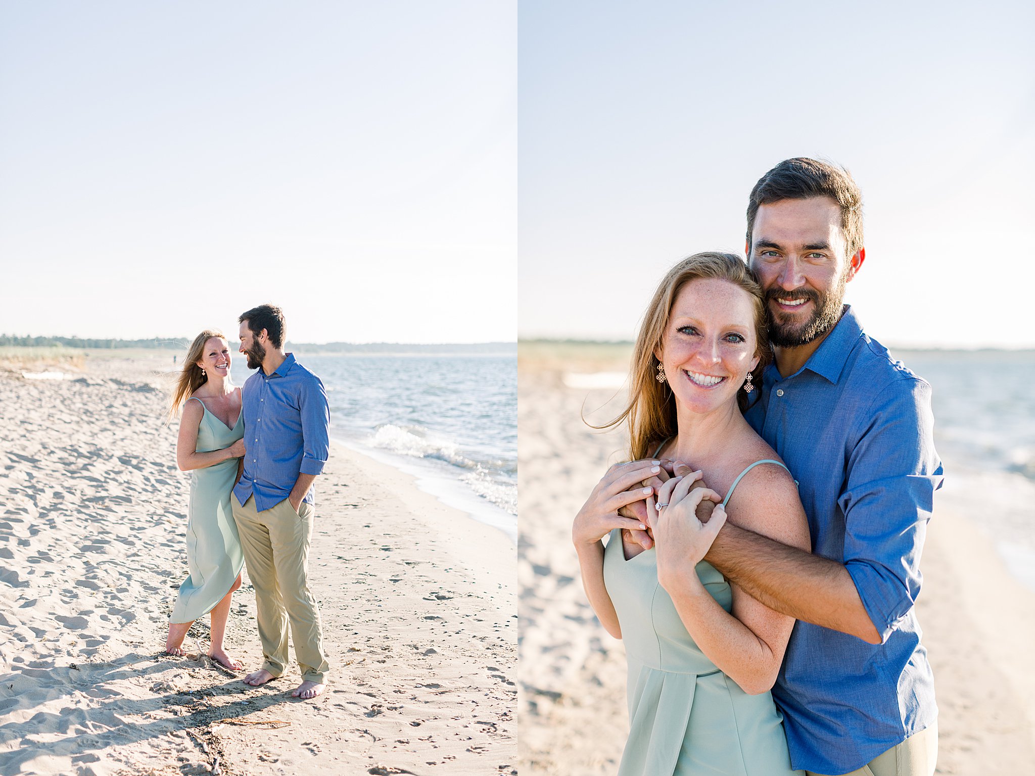 Couple embraces on beach during Peterson Beach Sleeping Bear Dunes engagement session