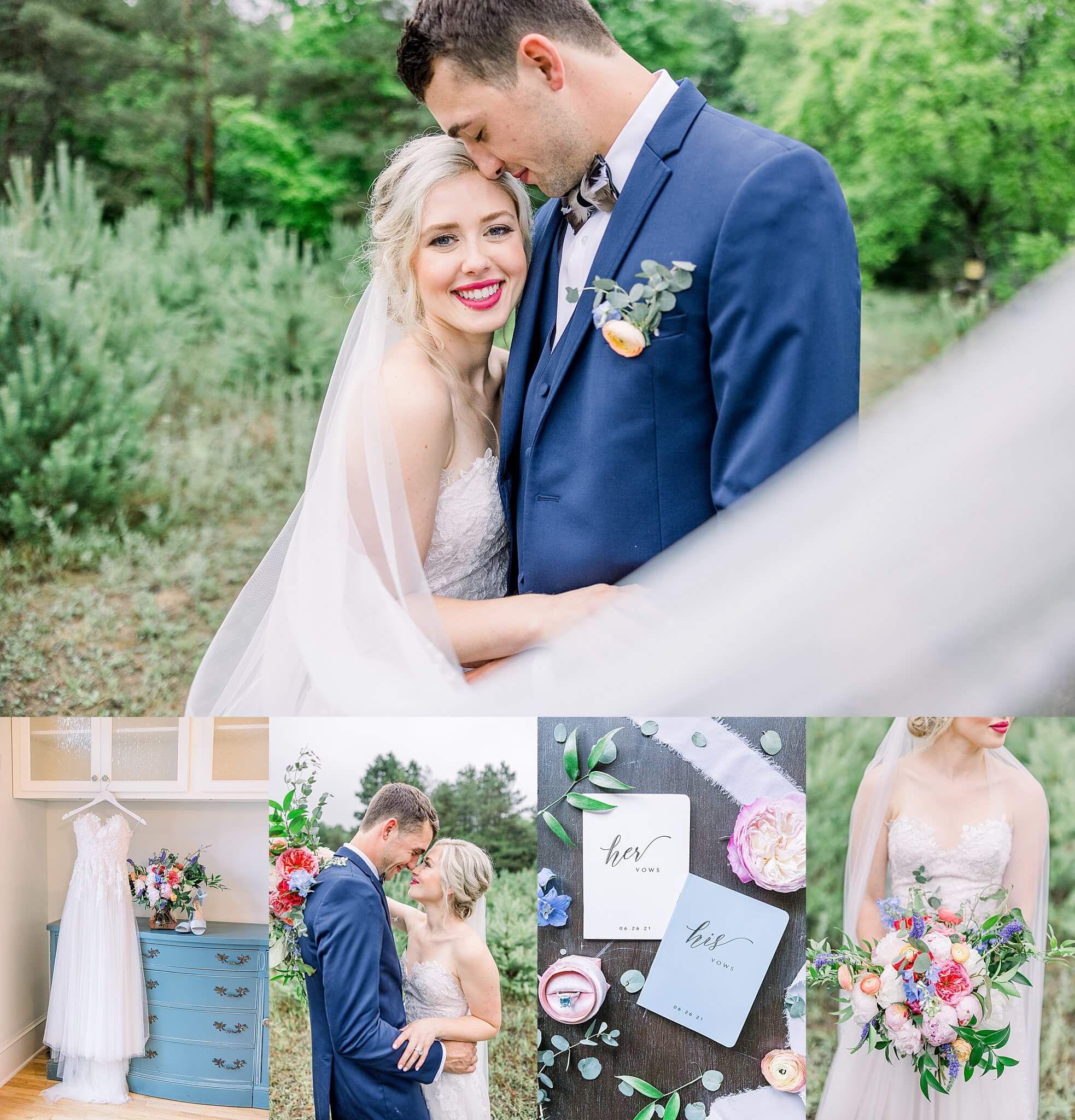 Photo collage of a rainy Traverse City wedding with bright, bold florals.