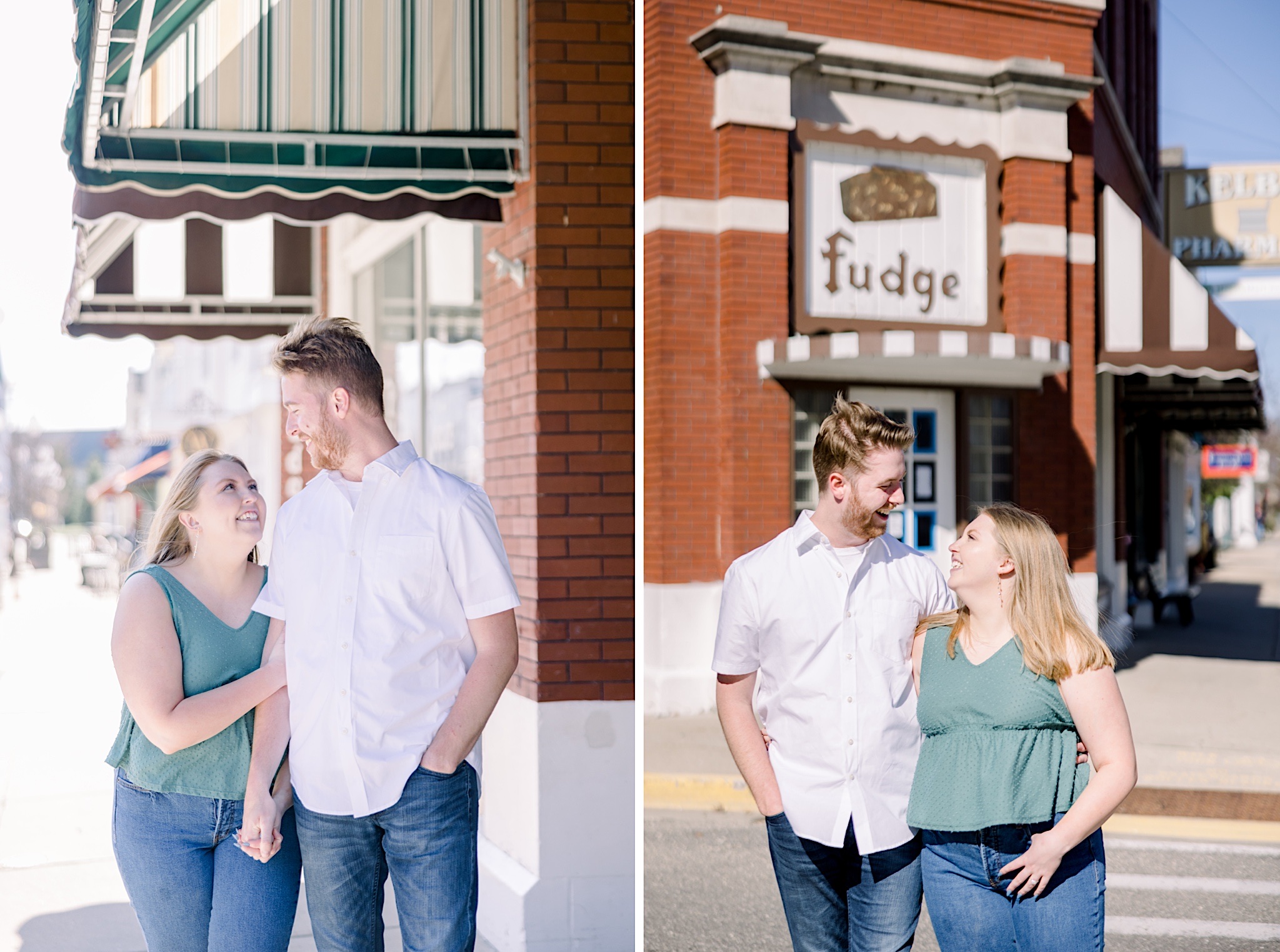 Bride and groom stroll downtown Harbor Springs in front of Fudge shop during their Harbor Springs engagement session.