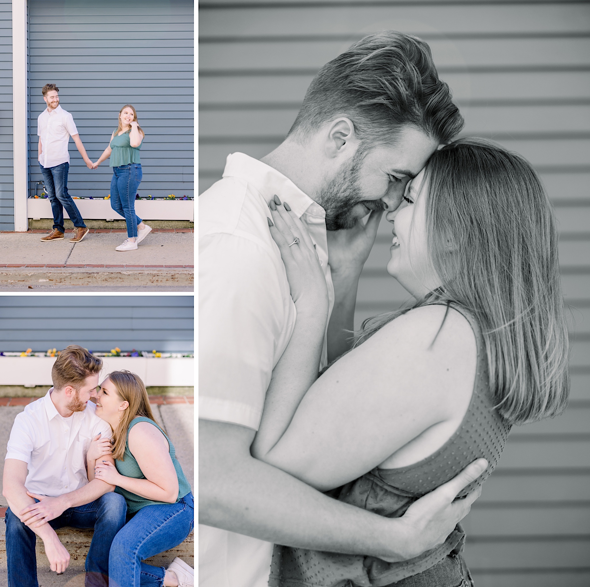 Bride and groom share an embrace downtown Harbor Springs during their Harbor Springs Engagement Session.