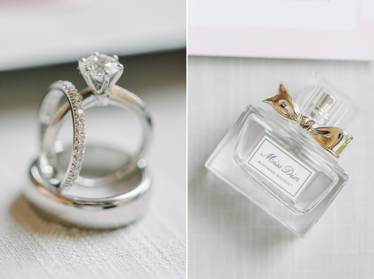 Collage of Alyssa's wedding and engagement ring and her Miss Dior wedding day perfume.