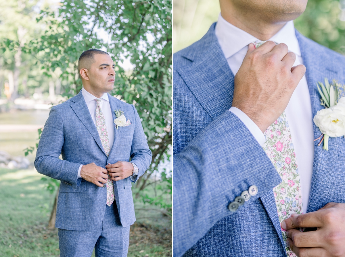 Collage of Andres buttoning his blue suit jacket while he looks out over the water of his lake house and a detail photo of Andres straightening his tie.