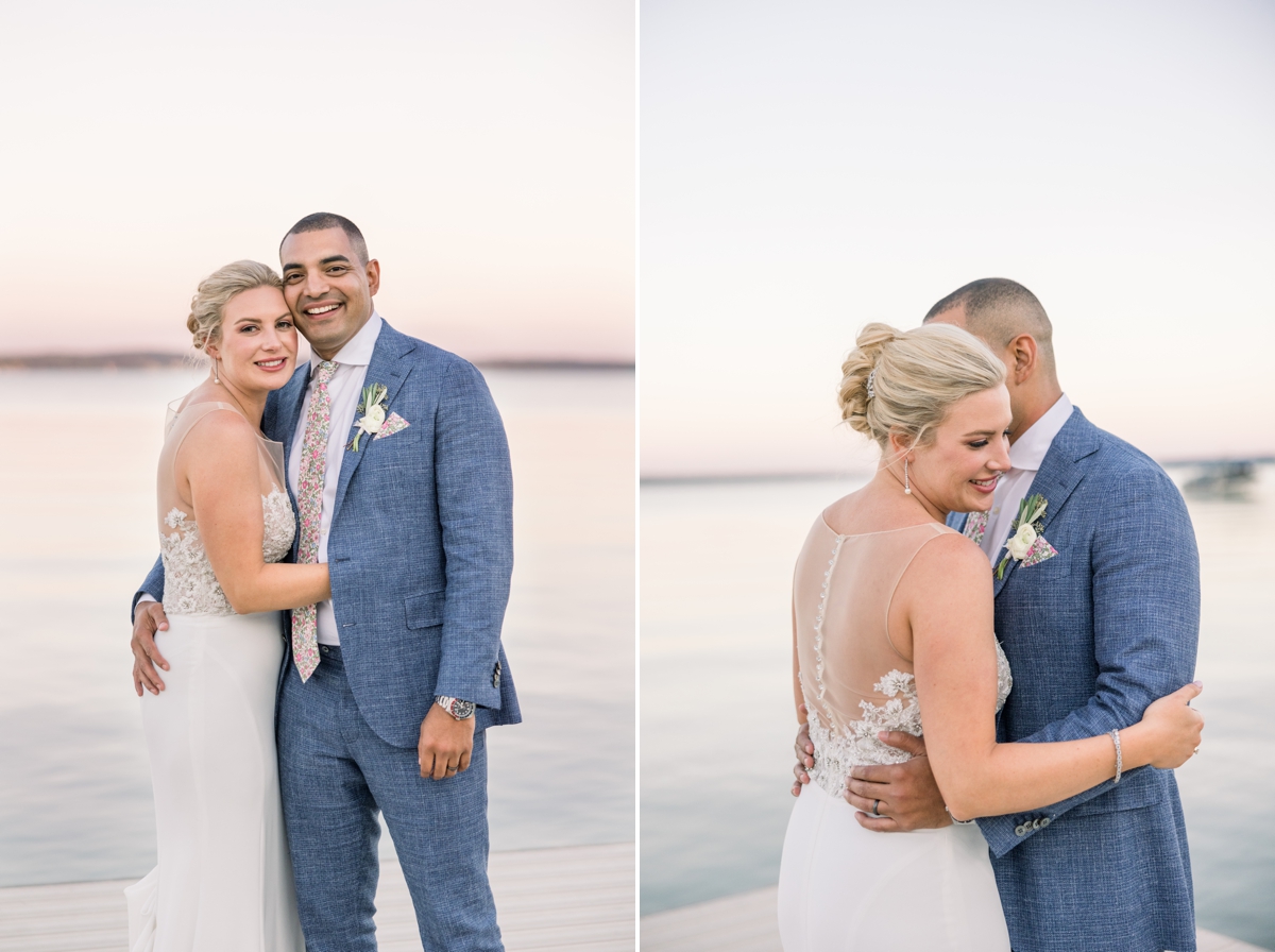 Collage of Caitlin hugging Andres as he smiles during sunset at their lake house and a detail photo of the back of Caitlin's wedding gown as Andres hugs her.
