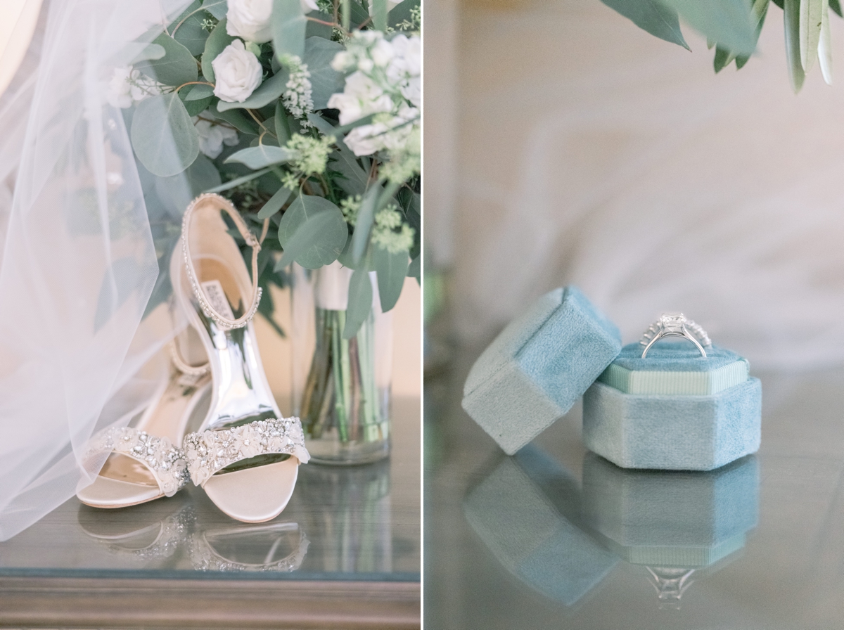 Collage of gold wedding heels and the bride's engagement ring in a teal velvet box.