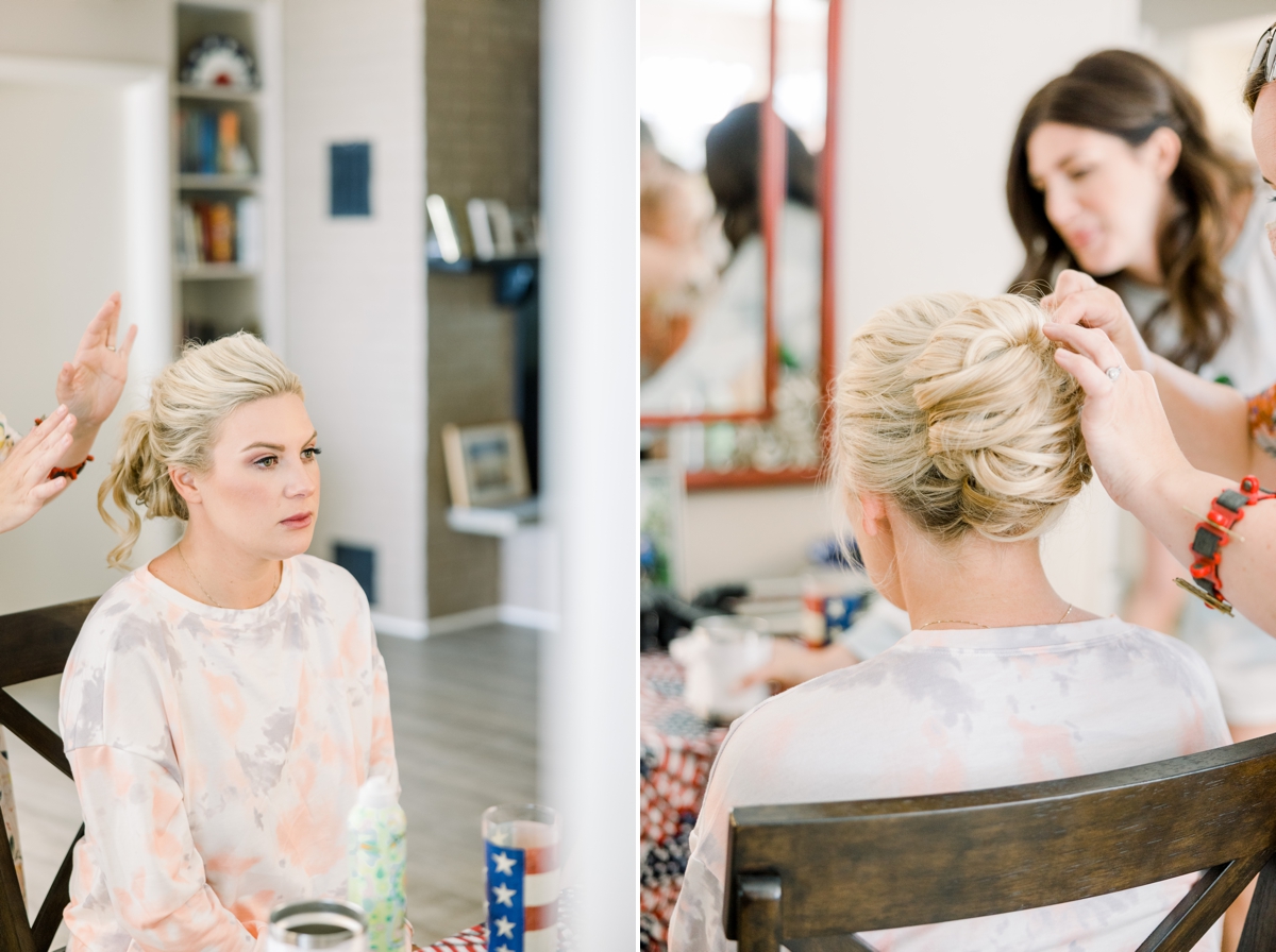 Collage of the bride looking at herself in a mirror while she gets her wedding hair done. 