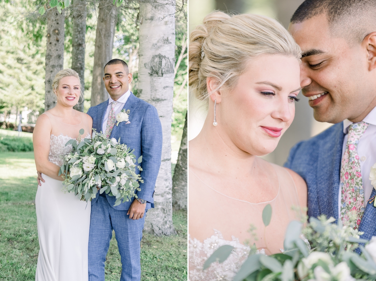 Collage of Caitlin and Andres smiling in a grove of trees at their lake house in Northern Michigan on their wedding day and a close up of Caitlin softly smiling while Andres whispers in her ear.