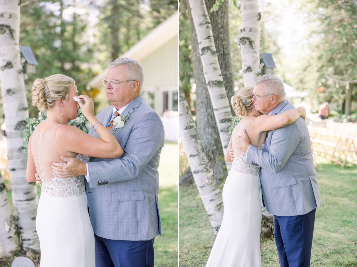 Collage of Caitlin crying and hugging her dad during their first look on her wedding day.