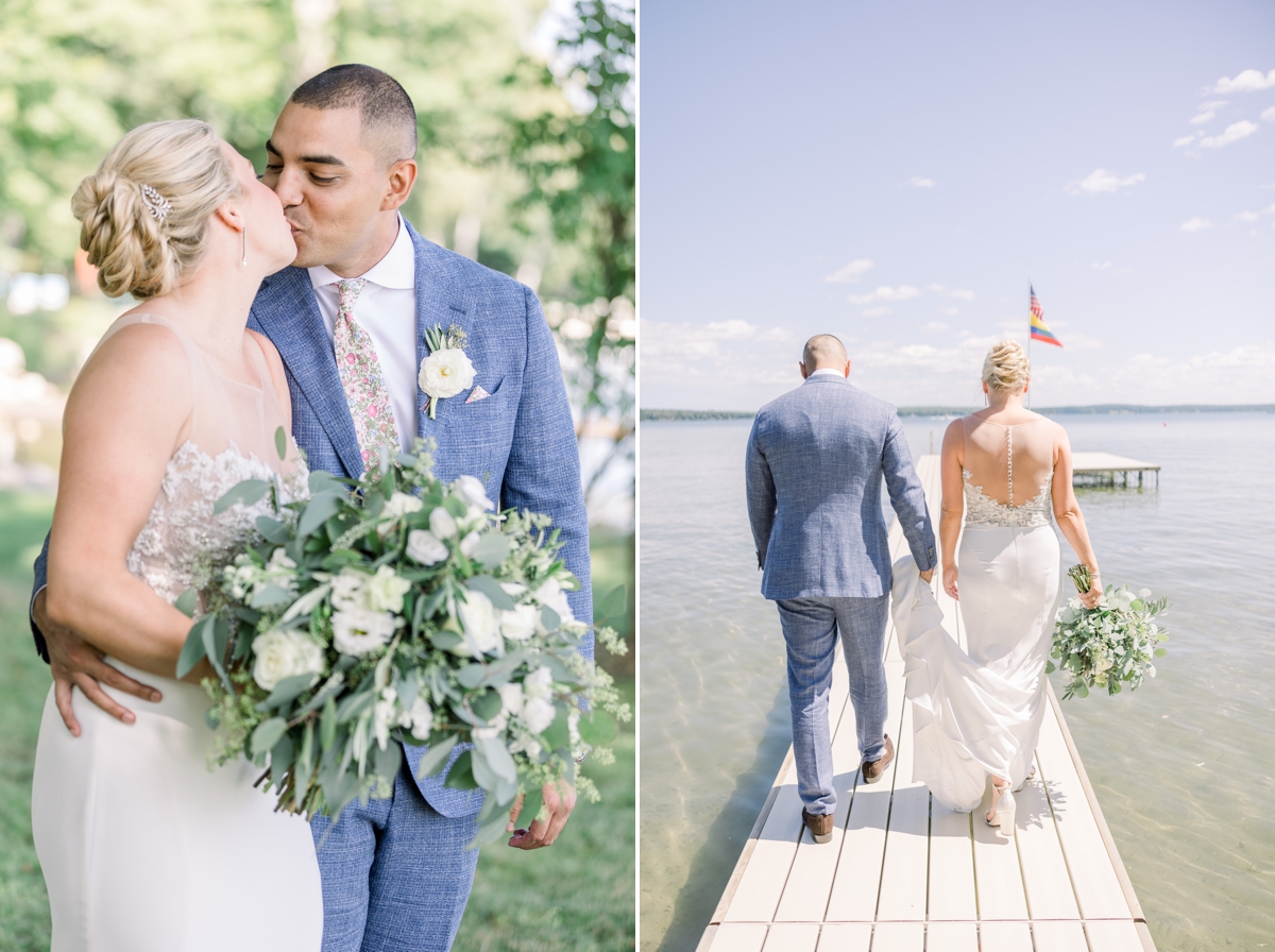 Collage of Caitlin and Andres kissing on their wedding day and the two of them walking along the pier of a lake in Northern Michigan in their wedding day attire.