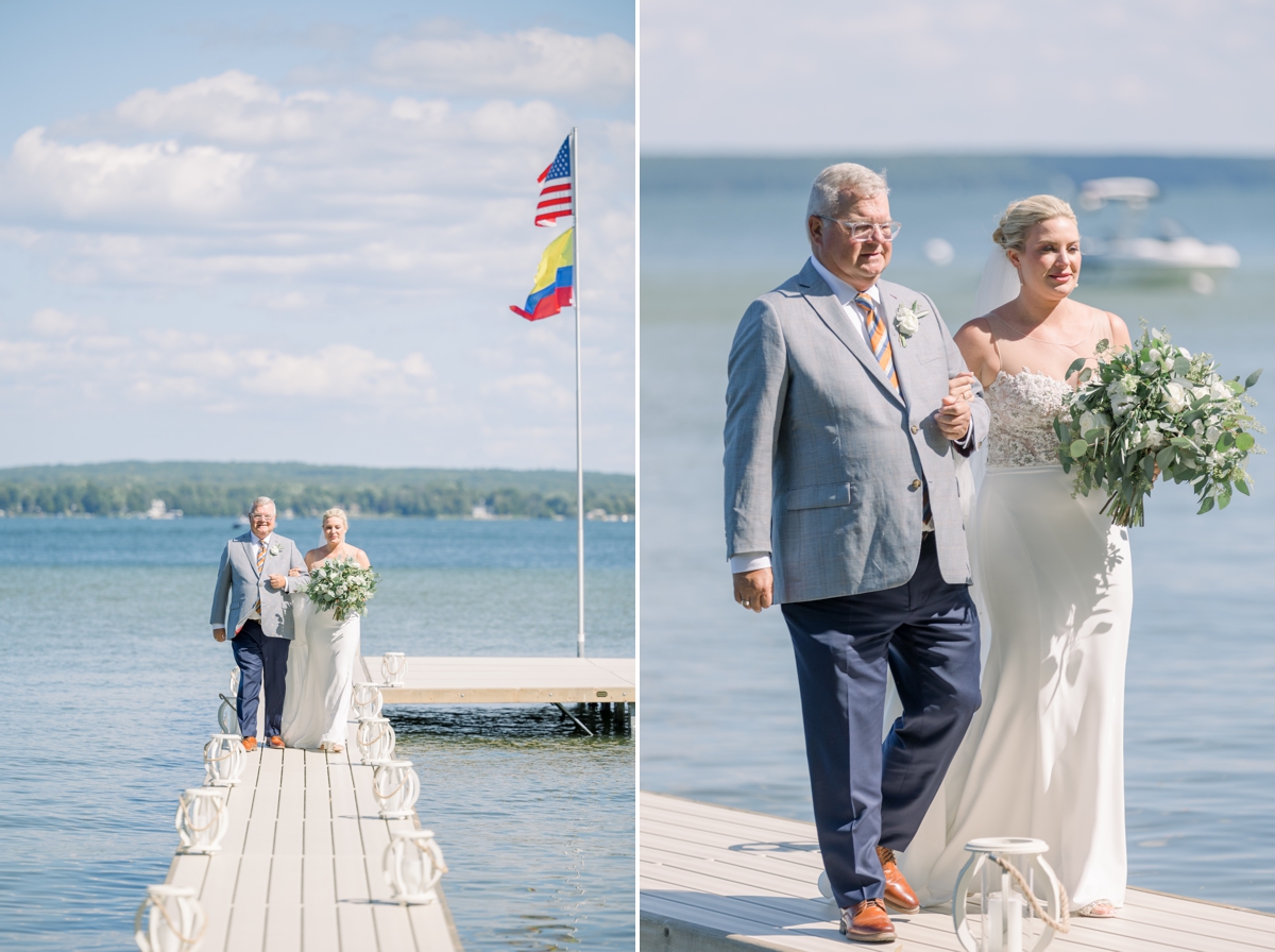 Collage of Caitlin and her dad walking down the pier to her wedding ceremony after she arrived on a boat across the lake.