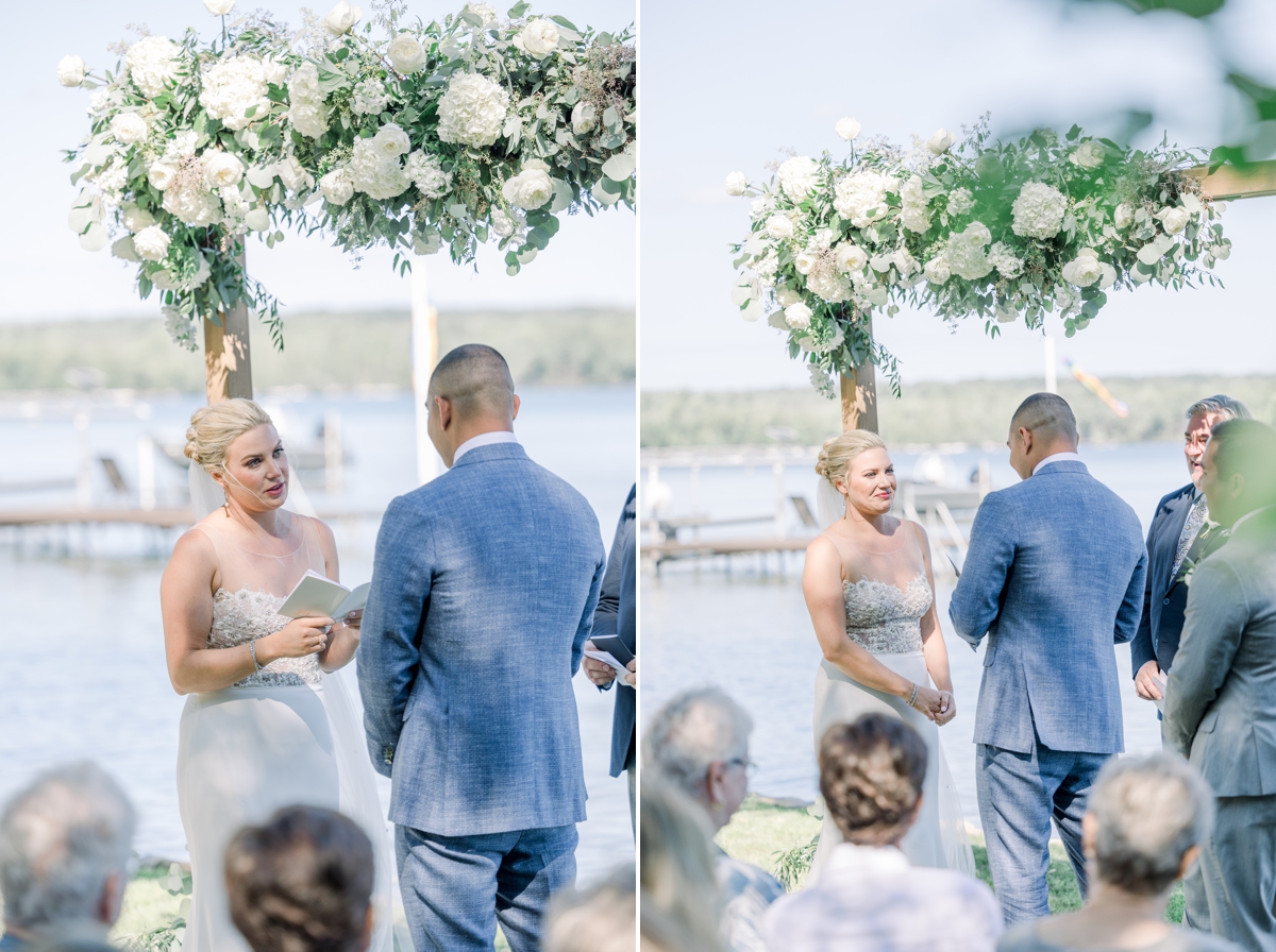 Collage of Caitlin and Andres saying their wedding vows to each other during their ceremony.