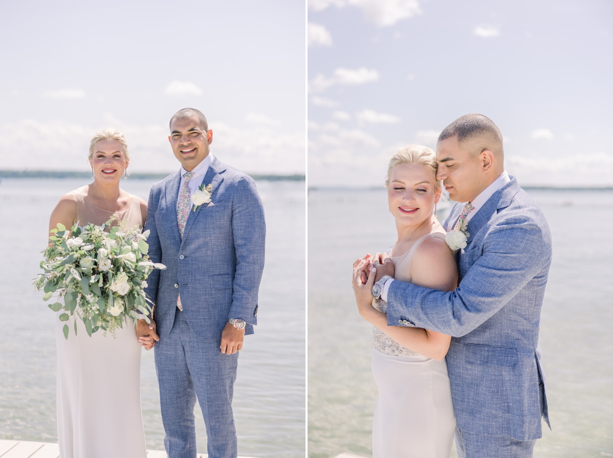 Collage of Caitlin and Andres standing on a Northern Michigan lake pier in their wedding day attire and Andres hugging Caitlin from behind.