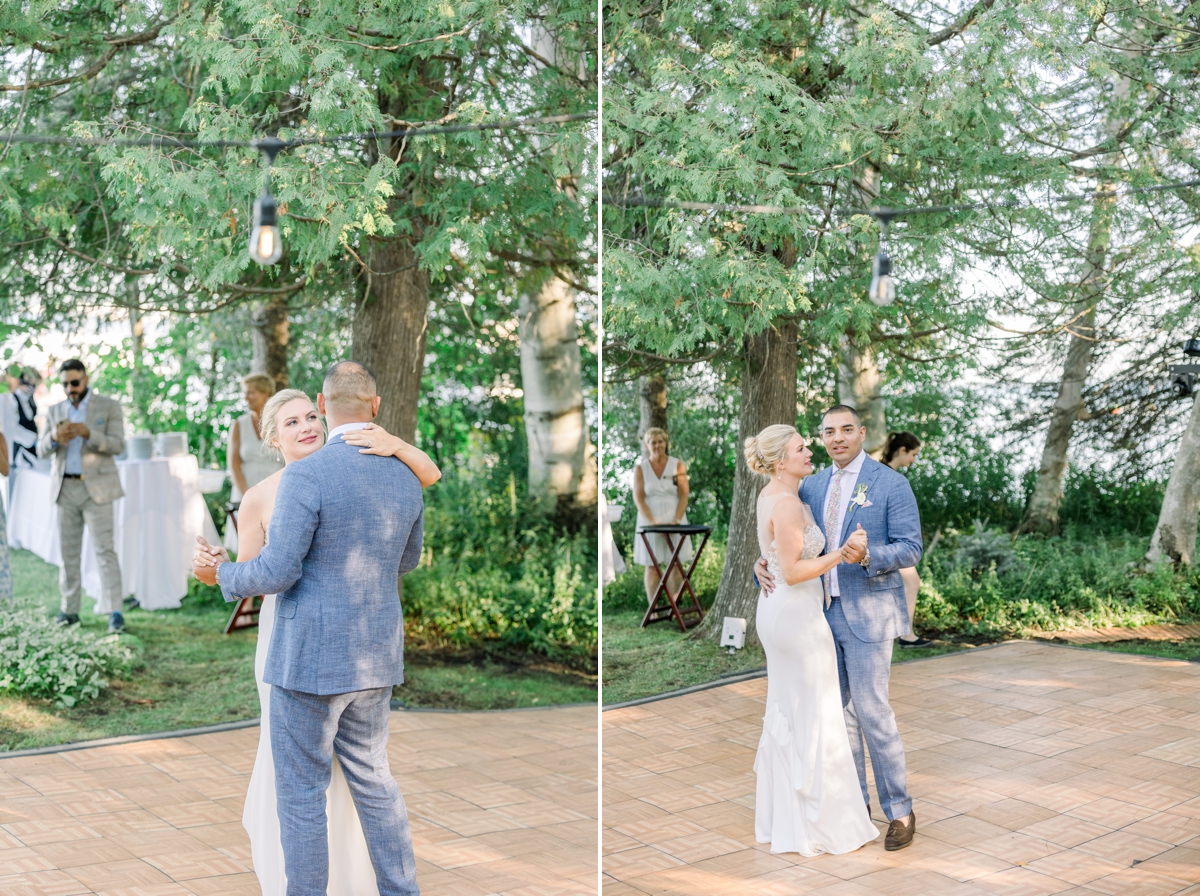 Collage of Caitlin and Andres sharing their first dance as husband and wife during their Northern Michigan lake house wedding.