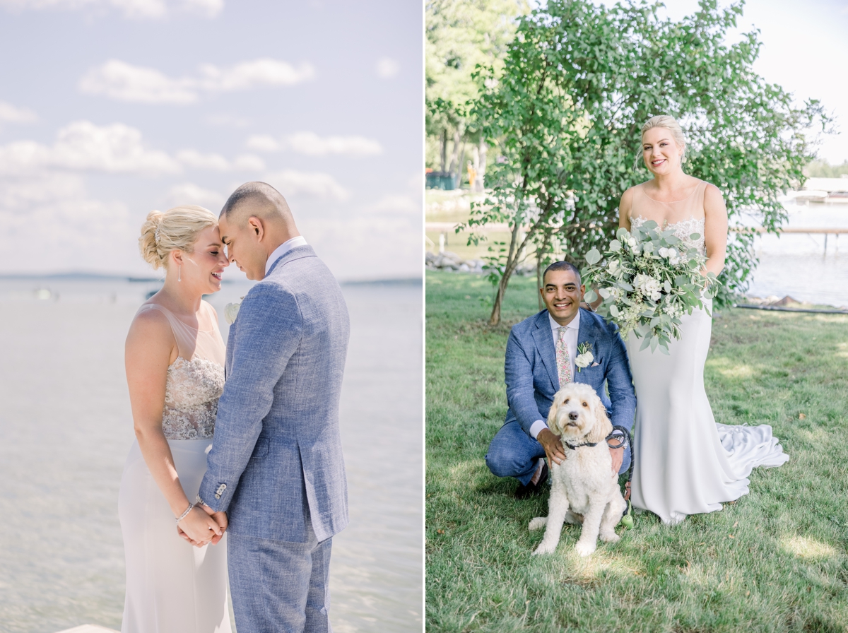 Collage of Caitlin and Andres standing on the lake pier with their foreheads together taking in their wedding day and Andres kneeling in the grass while Caitlin stands over him and their dog.