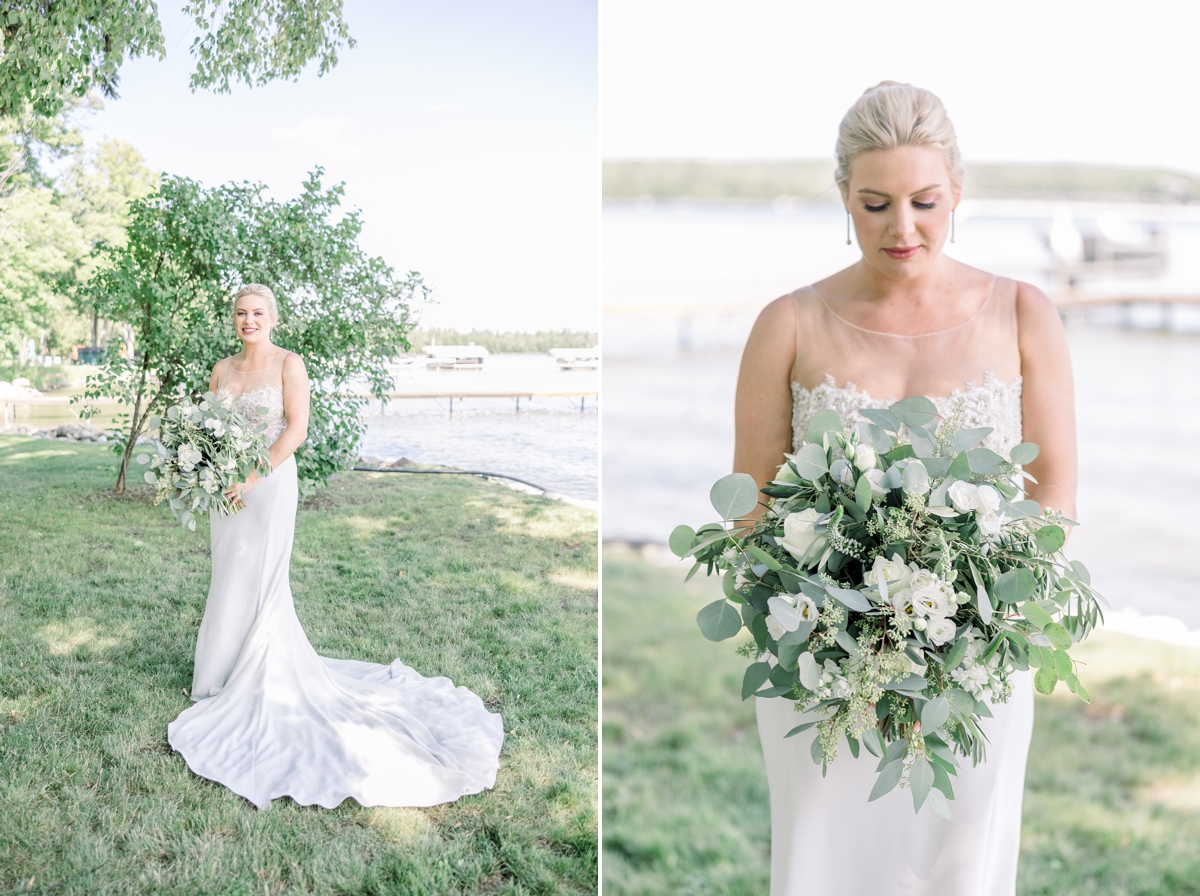 Collage of Caitlin standing in the grass of her lake house with the lake behind her and a detail photo of her lush white and green wedding day bouquet.