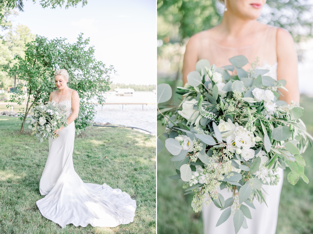 Collage of Caitlin standing in the grass of her lake house with the lake behind her and a detail photo of her lush white and green wedding day bouquet.