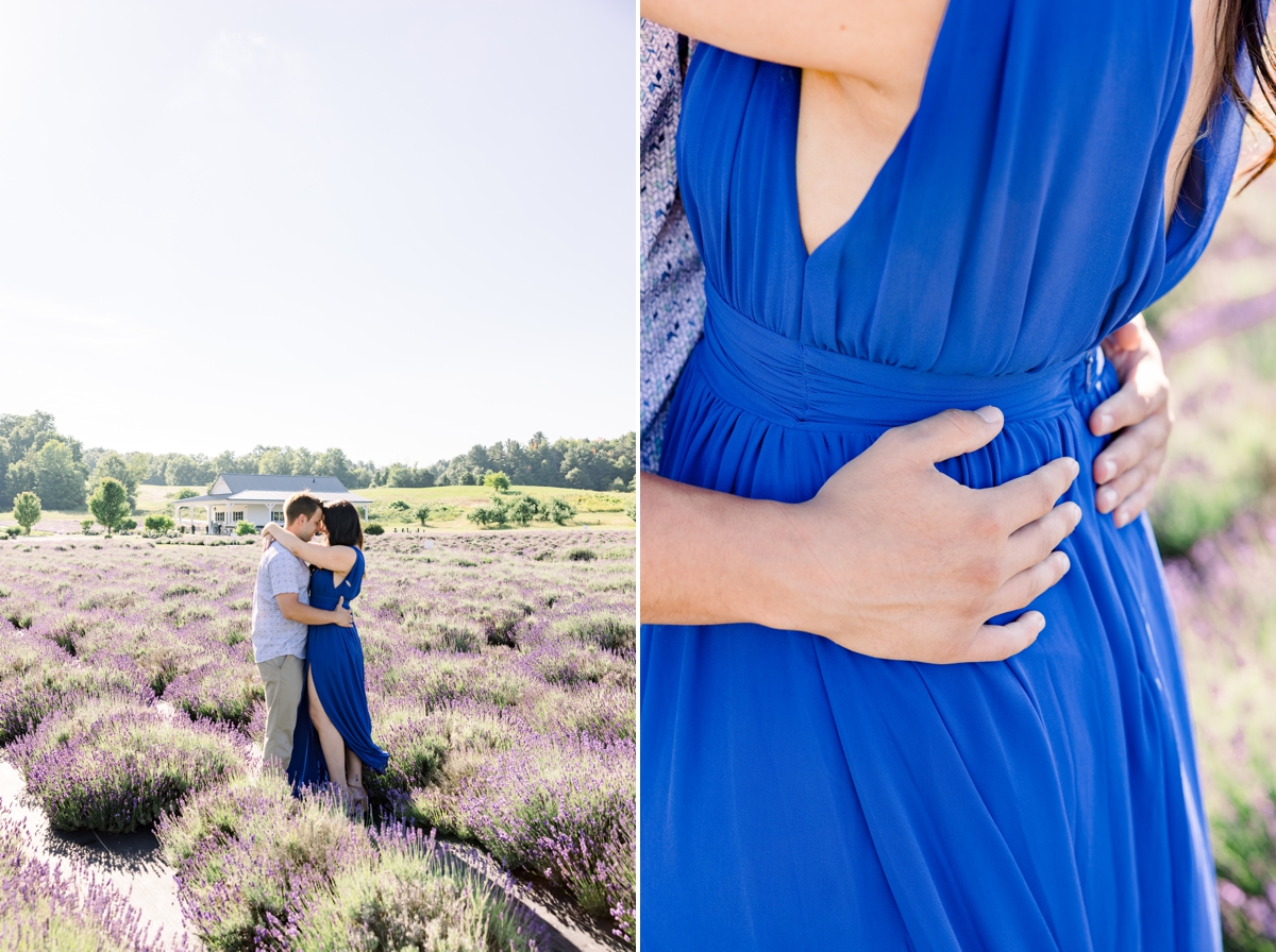 Collage of Lindsey and Austin holding each other in a lavender field and a detail photo of Austin's hands around Lindsey's waist.