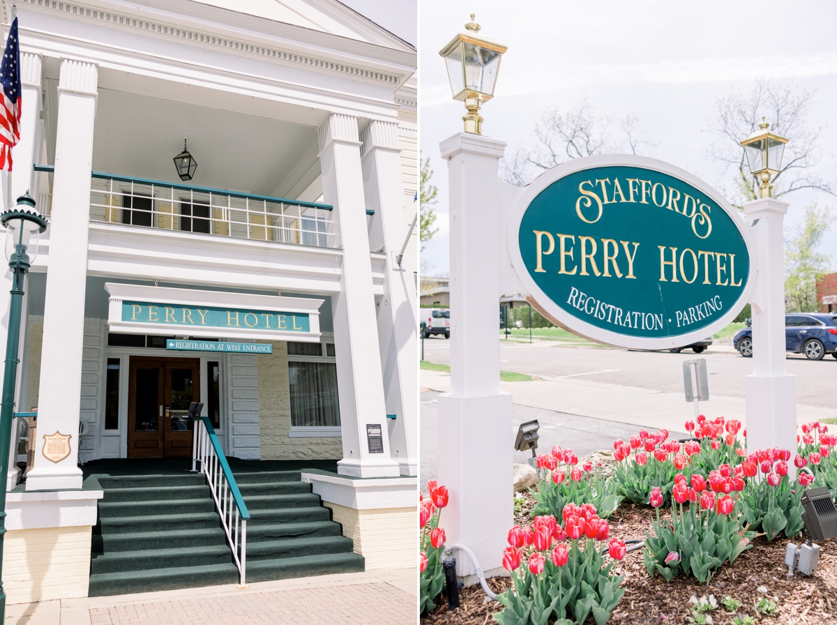 Collage of the front of Perry Hotel and their sign.