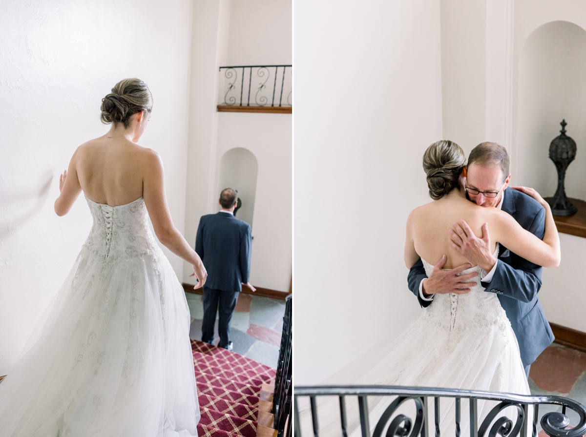 Collage of the bride's first look with her dad on the stairs of the Perry Hotel.
