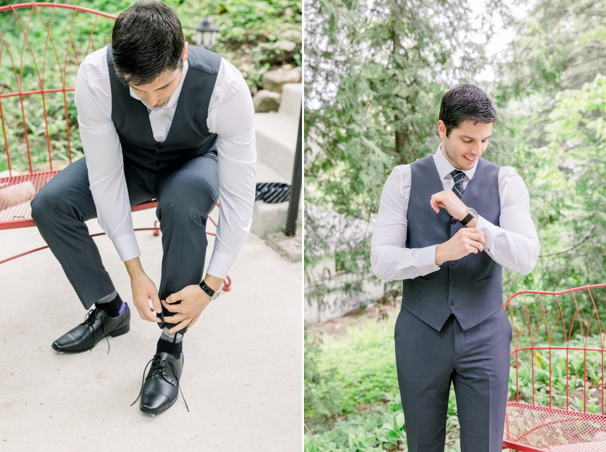 Collage of the groom putting on his shoes and straightening his sleeves on his wedding day.
