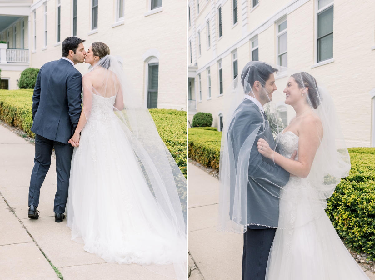 Collage of Jennie and Nic in front of the Perry Hotel smiling and kissing under her veil.